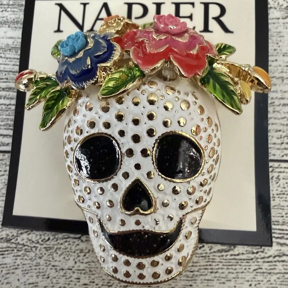 NAPIER DAY Of The DEAD Dia De Los Muertos Sugar SKULL Flowers Crown PIN BROOCH